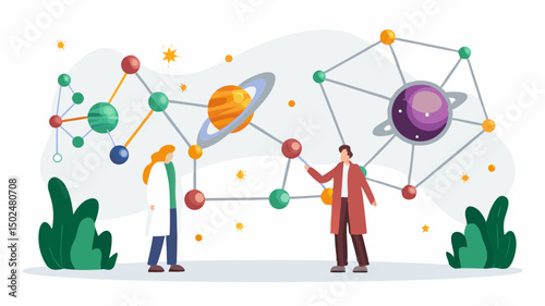 Scientists explore connected planets symbolizing discovery in space exploration with simple flat