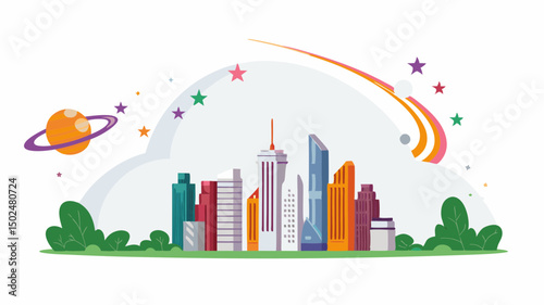 A whimsical cityscape dreams of space adventure with playful shooting star and a vibrant cartoon