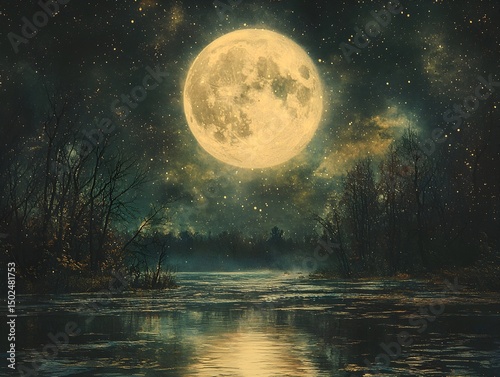 Moonlit River Painting in Vintage Style