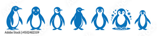 Set of penguin silhouettes in various poses.  silhouette penguin different pose walking and skating,  vector illustration isolated on white background.