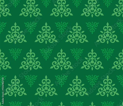 Kazakh ethnic ornament. Vector light green ornaments pattern on a dark green background.
Seamless pattern.