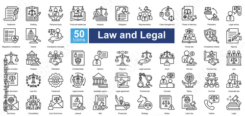 Law and Legal icon set in outline style, featuring 50 icons on legal services, court processes, and compliance. Ideal for law firms, legal apps, and justice-related content.
