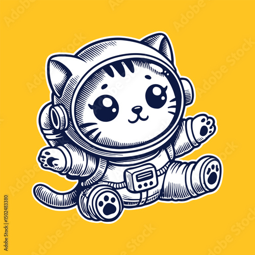 Cute kitten in a space suit floats joyfully, ready for a cosmic adventure among the stars.