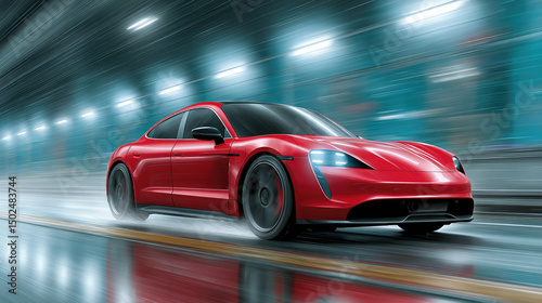 Sleek Red Electric Sports Car Speeding Through Futuristic Tunnel at Night