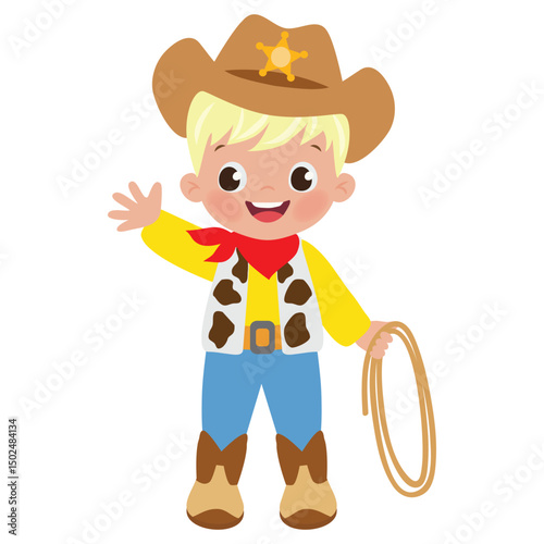 Cute little cowboy with lasso vector cartoon illustration