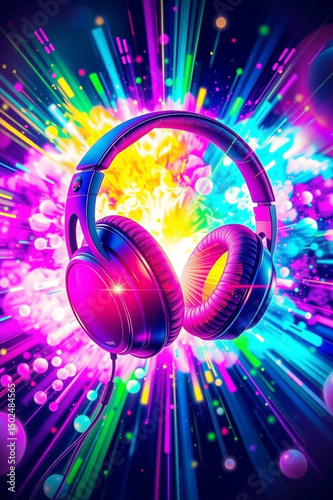 Vibrant Neon Headphones with Colorful Sound Burst