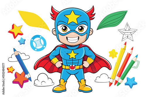 Cute Superhero Kid with Colorful Art Supplies