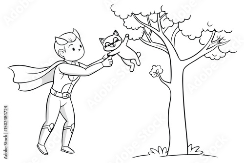 Superhero Boy Rescues Cat from Tree Coloring Page