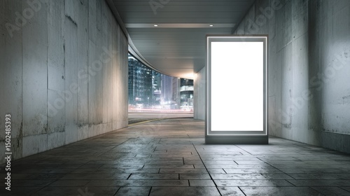Empty blank advertising billboard in urban concrete tunnel at night