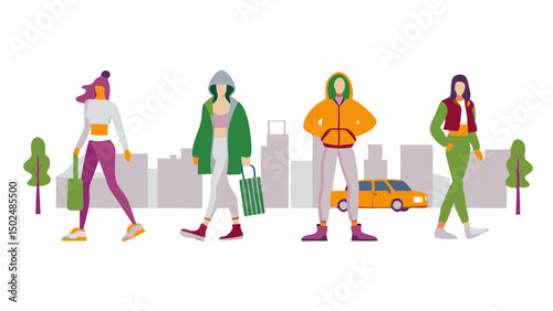 Diverse women confidently strolling through a stylized city embracing urban fashion with bold