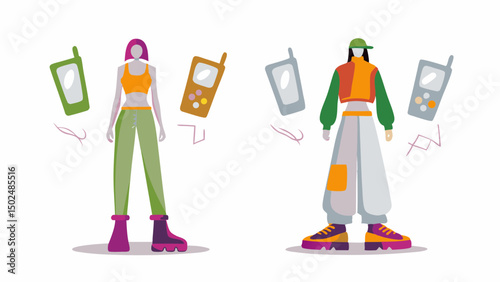 Retro fashion showcase of two avatars embodying 90s nostalgia paired with classic cell phones on
