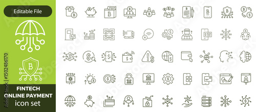 Financial Technology icon set with crypto vault, payment shield, data insights, digital coins, mobile payments, online banking, fintech revolution icon. Simple retro vector