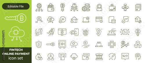 Financial Technology icon set with crypto vault, payment shield, data insights, digital coins, mobile payments, online banking, fintech revolution icon. Simple retro vector