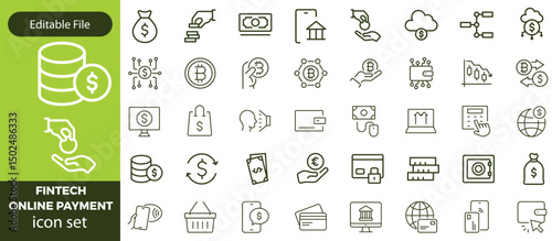 Financial Technology icon set with crypto vault, payment shield, data insights, digital coins, mobile payments, online banking, fintech revolution icon. Simple retro vector