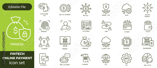 Financial Technology icon set with crypto vault, payment shield, data insights, digital coins, mobile payments, online banking, fintech revolution icon. Simple retro vector