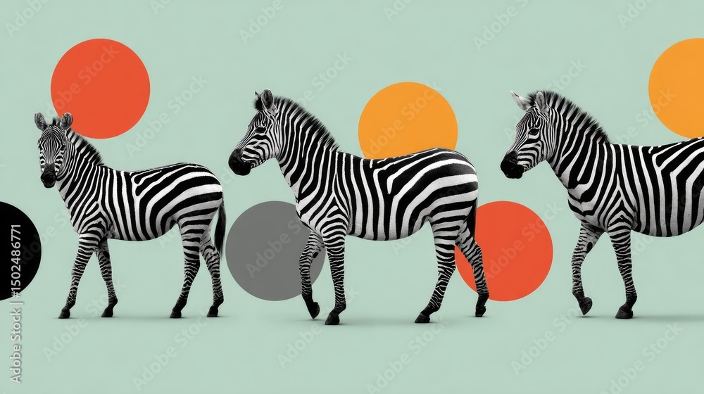 Fototapeta premium Contemporary Zebra Pattern with Vibrant Geometric Circles: Modern Wildlife Design