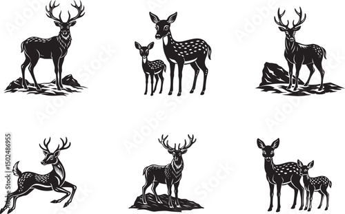 A diverse vector set of deer and reindeer animal silhouettes, ideal for wild nature and Christmas designs, featuring stags with prominent antlers and cute fawn illustrations