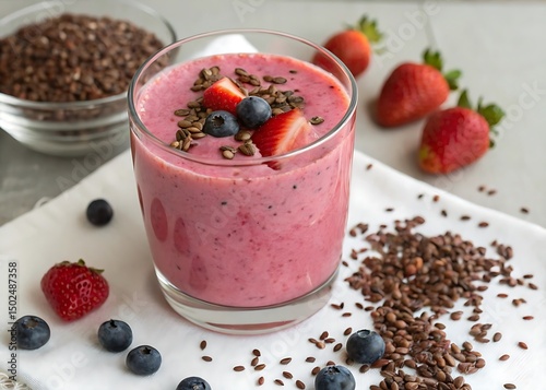 Pink Smoothie with Flax Seeds and Berries in Glass