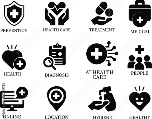Health care icon set.Vector illustration in modern style of health related icon: mental health, healthcare, spa, medical, wellbeing, meditation, lifestyle, Medical Exam, Medicine, Hospital and more.