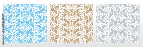 Wallpapers in the style of Baroque.. Set of colored floral ornaments. Seamless vector backgrounds Graphic patterns for fabric, wallpaper, packaging. Ornate Damask flower illustration