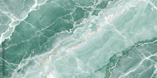 Cracked green marble displaying intricate white veining networks. Natural fracture patterns create geometric divisions across the stone's surface with subtle golden highlights photo