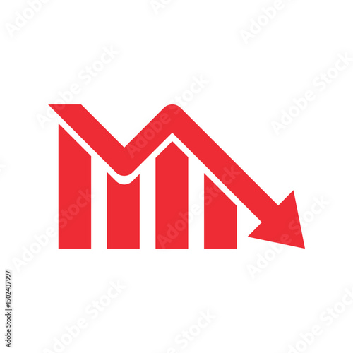 Red business arrow with graph pointing down. Vector linear icon illustration on white background.