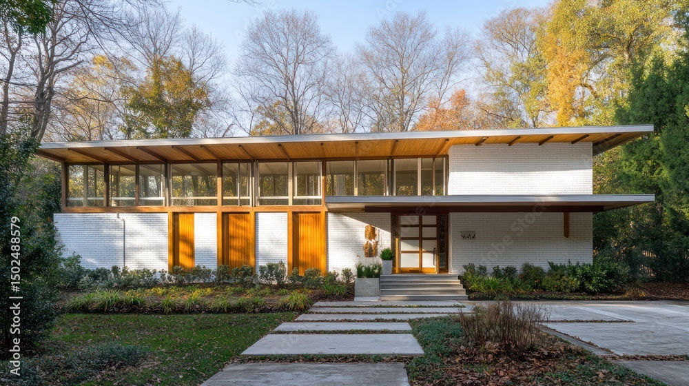 Modern house facade with flat roof and large windows