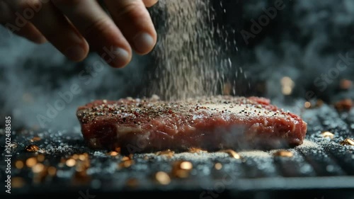 Close-up of seasoned steak being prepared on a grill with smoke