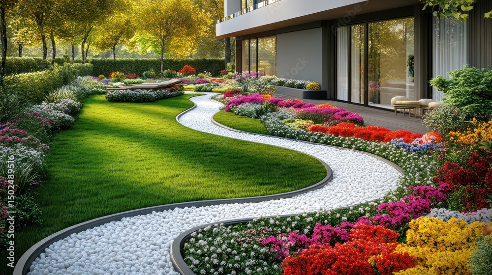 Serpentine pathway winds through vibrant, blooming flowerbeds and lush green lawn, beside a modern building