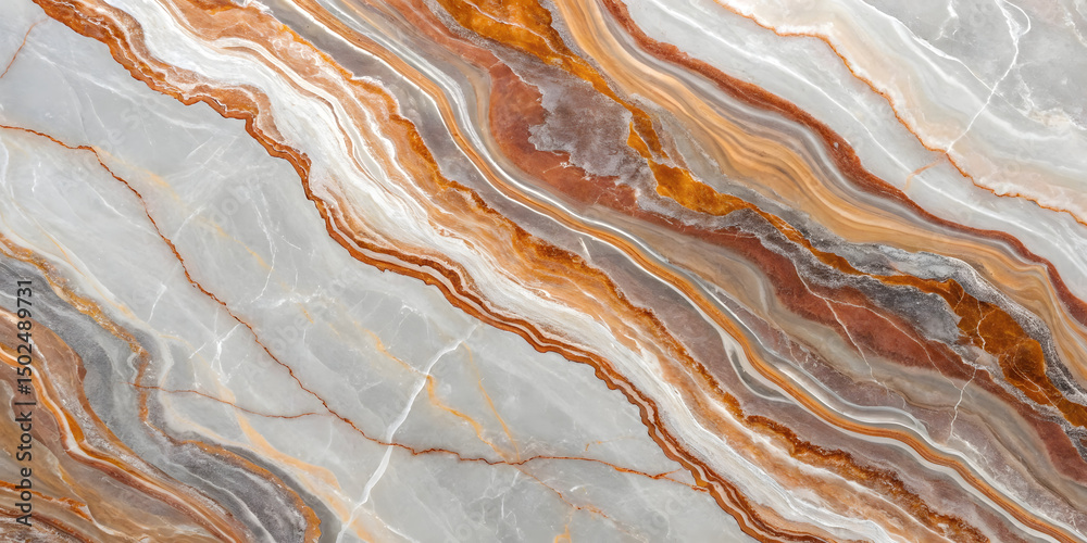 Fototapeta premium Horizontal marble bands showcase warm amber and coral tones against soft gray. Gentle undulating lines create a serene, stratified appearance with subtle luminosity