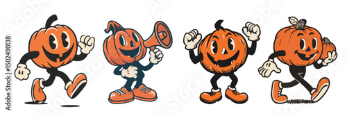 vintage retro style halloween pumpkin cartoon mascot character with expressive faces and gestures