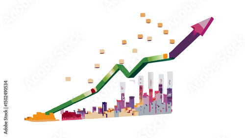 An optimistic economic forecast shows growth rising over colorful cityscape with black background