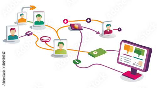 Visualizing a connected team collaborating remotely through digital communication network with bold