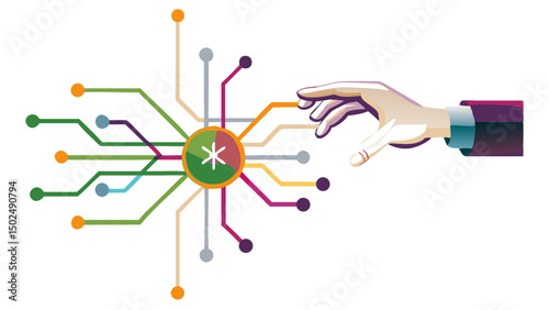 Exploring Digital Frontiers A stylized hand reaches towards a vibrant network hub on black