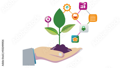 A hand nurturing a new business growth with connected services health home data with simple flat art