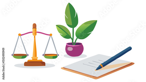 Weighing Justice Growth Scales of justice potted plant document and pen on black background clean