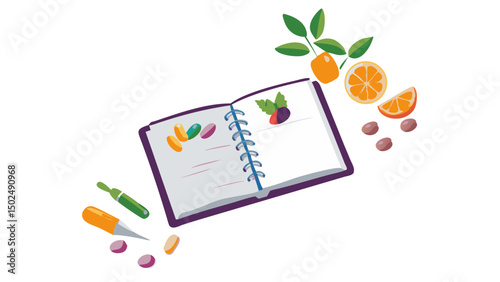 Documenting vibrant fruit harvest with sketches in a personal food journal and crafting with tools