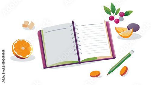 An open notebook beside fresh oranges plums and writing pencil invites mindful nutrition planning