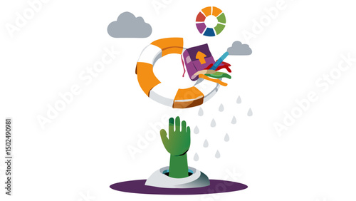 A helping hand emerges from a dark space offering hope with a life preserver and colorful tools