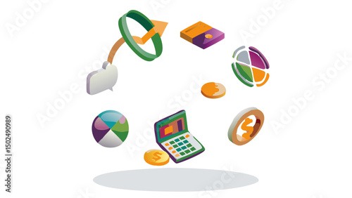Visualizing Financial Growth and Strategy with Colorful Business Icons floating on a Black