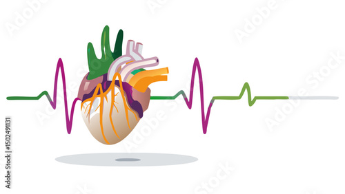 A vibrant heart illustration showing the essence of life and vital rhythms with smooth vector lines