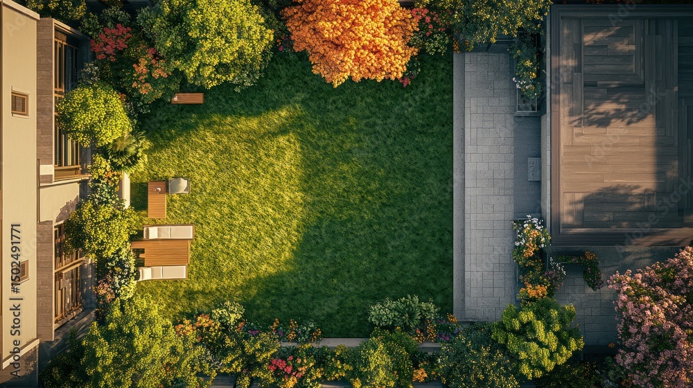 Aerial view of a landscaped backyard