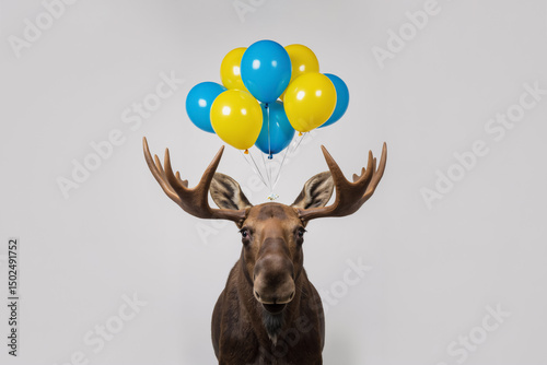Moose with tilted head holding blue and yellow Swedish color balloons on antlers. Birthday, Sweden national holidays concept
