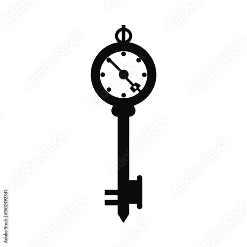 Vintage clock key silhouette illustration in black and white isolated on a plain white background