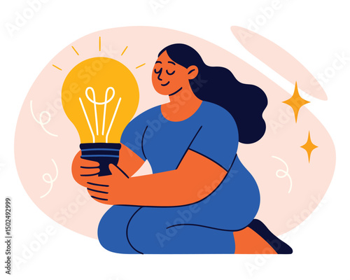 Woman Sitting Calmly Holding Glowing Lightbulb