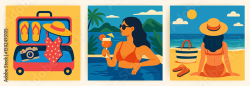 Tropical Beach Vacation Woman Relaxing by the Sea in Summer Vector Set