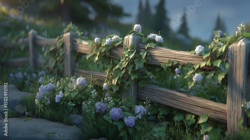 Wooden fence adorned with climbing ivy and delicate hydrangeas in a serene garden setting