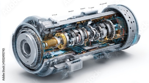 Detailed cutaway view of an advanced transmission system.  Internal components clearly labeled and highlighted