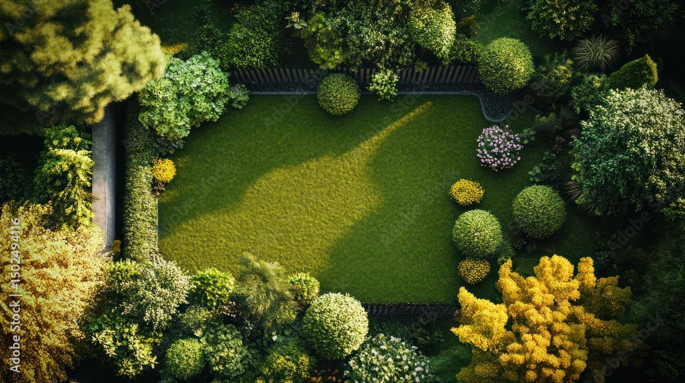 Lush garden with vibrant greenery, neatly manicured lawn, and diverse plant life