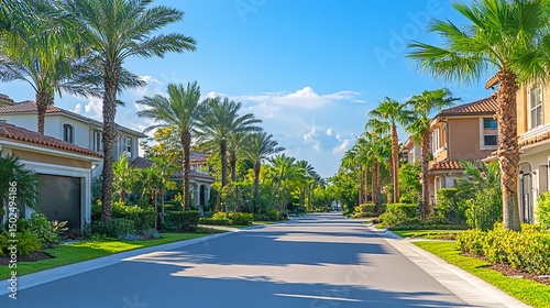 Serene neighborhood street lined with palm trees on a bright day with luxurious homes and clear blue skies in high